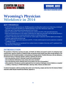 Wyoming’s Physician Workforce in 2014 KEY FINDINGS In 2014 there were 166 physicians per 100,000 population providing direct patient care in Wyoming, including 59 physicians in generalist specialties per 100,000 popul