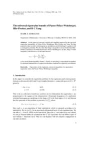 Proc. Indian Acad. Sci. (Math. Sci.) Vol. 112, No. 1, February 2002, pp. 3–30. © Printed in India The universal eigenvalue bounds of Payne–P´olya–Weinberger, Hile–Protter, and H C Yang MARK S ASHBAUGH