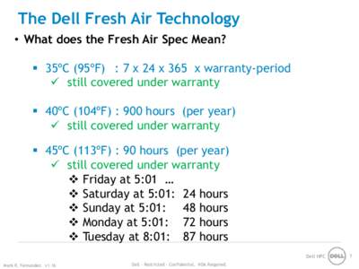 The Dell Fresh Air Technology • What does the Fresh Air Spec Mean?  35ºC (95ºF) : 7 x 24 x 365 x warranty-period  still covered under warranty  40ºC (104ºF) : 900 hours (per year)  still covered under w