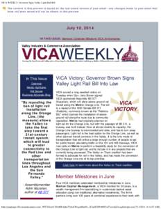 VICA WEEKLY: Governor Signs Valley Light Rail Bill