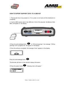 HOW TO EXPORT SUPPORT DATA TO A USB KEY 1. The decoder has to be powered on, if not, power on and wait until the initialization is completed. 2. Insert a USB memory stick in the USB slot in front of the decoder, the Memo