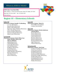 Where is AVID in TEXAS? AVID Center, Texas State Office Office Address: 11910 Greenville Avenue, Suite 107, Dallas, TX[removed]Main Line: [removed]Fax: [removed]