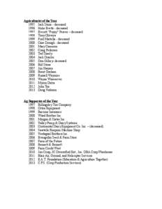 Agriculturist of the Year 1995 Jack Stone - deceased 1996 Hoke Evetts - deceased 1997 Everett “Fuzzy” Feaver – deceased 1998 Tony Oliveira 1999 Fred Martella - deceased