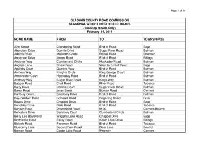 Page 1 of 14  GLADWIN COUNTY ROAD COMMISSION SEASONAL WEIGHT RESTRICTED ROADS (Blacktop Roads Only) February 14, 2014