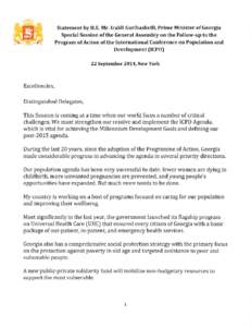 Statement by H.E. Mr. Irakli Garibashvili, Prime Minister of Georgia Special Session of the General Assembly on the Follow-up to the Program of Action of the International Conference on Population and Development (ICPD) 