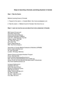 Steps to becoming a licensed, practicing physician in Canada Step 1: Take the Exams Medical Licensing Exams of Canada 1. Prepare for the exams --> Canada QBank: http://www.canadaqbank.com 2. Take the exams --> Medical Co