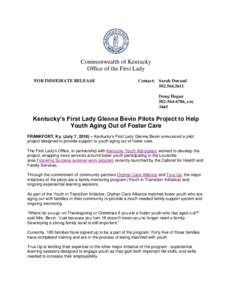 Commonwealth of Kentucky Office of the First Lady FOR IMMEDIATE RELEASE Contact: Sarah Durand