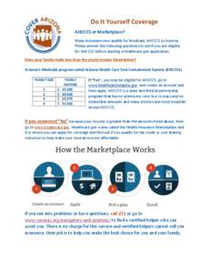 Do It Yourself Coverage AHCCCS or Marketplace? Many Arizonans now qualify for Medicaid, AHCCCS in Arizona. Please answer the following questions to see if you are eligible for AHCCCS before starting a Healthcare.gov appl