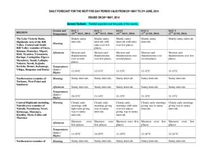 DAILY FORECAST FOR THE NEXT FIVE-DAY PERIOD VALID FROM 29TH MAY TO 2ND JUNE, 2014 ISSUED ON 28TH MAY, 2014 General Outlook: Rainfall expected over few parts of the country.