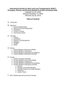 International Society for Heart and Lung Transplantation (ISHLT) Principles, Policies, and Process Related to Conflict-of-Interest (COI) (Adopted July 23, [removed]Revised December 13, [removed]Revised July 20, 2010) Table o