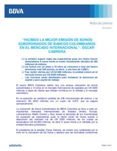   “HICIMOS LA MEJOR EMISIÓN DE BONOS SUBORDINADOS DE BANCOS COLOMBIANOS EN EL MERCADO INTERNACIONAL”: ÓSCAR CABRERA