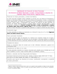 Manifestación de Protección de Datos Personales Del Directorio de Medios Nacionales y Locales, correspondientes a empresas de Televisión, Radio, Prensa Escrita y Agencias Online Protección de datos personales y nombr