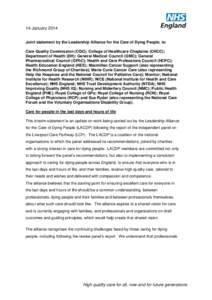 14 January 2014 Joint statement by the Leadership Alliance for the Care of Dying People, ie: Care Quality Commission (CQC); College of Healthcare Chaplains (CHCC); Department of Health (DH); General Medical Council (GMC)