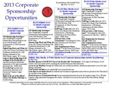 2013 Corporate Sponsorship Opportunities Any questions, call Amanda Shick @ ([removed]