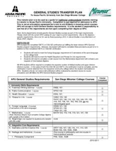 GENERAL STUDIES TRANSFER PLAN To Azusa Pacific University from San Diego Miramar College This transfer plan is to be used as a guide for traditional undergraduate students wishing to transfer to Azusa Pacific University.