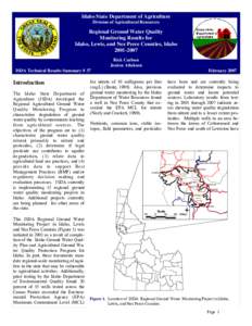 Idaho State Department of Agriculture Division of Agricultural Resources Regional Ground Water Quality Monitoring Results for Idaho, Lewis, and Nez Perce Counties, Idaho