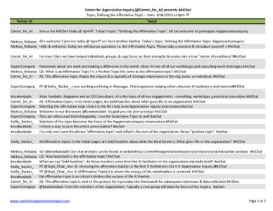 Center for Appreciative Inquiry (@Center_for_AI) presents #AIChat Topic: Defining the Affirmative Topic -- Date: at 4pm PT Tweet Twitter ID Center_for_AI