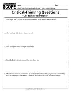 Name: ___________________________________________________ Date: ______________ ® THE LANGUAGE ARTS MAGAZINE  Nonfiction: “Lexi Youngberg: Invincible” • Skill: Critical Thinking