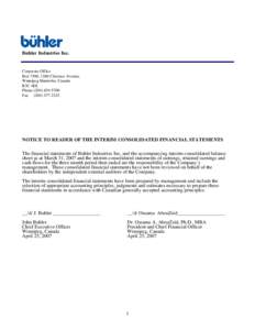 Buhler Industries Inc.  Corporate Office Box 7300, 1260 Clarence Avenue, Winnipeg Manitoba, Canada R3C 4E8