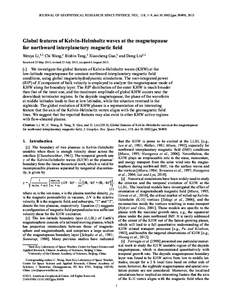 JOURNAL OF GEOPHYSICAL RESEARCH: SPACE PHYSICS, VOL. 118, 1–9, doi:[removed]jgra.50498, 2013  Global features of Kelvin-Helmholtz waves at the magnetopause for northward interplanetary magnetic ﬁeld Wenya Li,1,2 Chi W