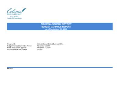 COLONIAL SCHOOL DISTRICT BUDGET VARIANCE REPORT As of September 30, 2012 Prepared By: Budget Oversight Committee Review: