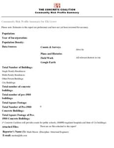 Community Risk Profile Summary for Elk Grove Please note: Estimates in this report are preliminary and have not yet been reviewed for accuracy. Population: Year of Incorporation: Population Density:
