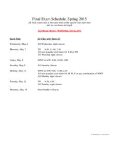 Final Exam Schedule, Spring 2015 All final exams start at the same time as the regular class start time and are two hours in length Last day of classes: Wednesday, May 6, 2015  Exam Date