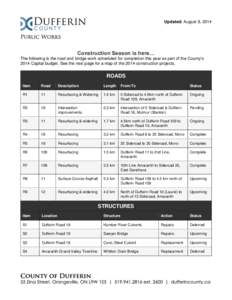 Updated: August 8, 2014  Construction Season is here… The following is the road and bridge work scheduled for completion this year as part of the County’s 2014 Capital budget. See the next page for a map of the 2014 