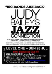 LEVEL ONE – SUN 28 JUL at the Chatswood Club !!!! JAZZ CONNECTION loves Basie ! supported by Woolooware High Stage Band, Director Mike Raper  TIME: 2pm – 4.30pm Adults $15, Students $10