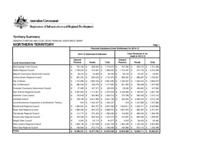 Territory Summary GENERAL PURPOSE AND LOCAL ROAD FINANCIAL ASSISTANCE GRANT NORTHERN TERRITORY  Page 1