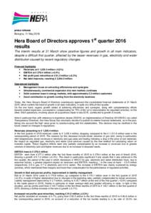 press release Bologna, 11 May 2016 Hera Board of Directors approves 1st quarter 2016 results The interim results at 31 March show positive figures and growth in all main indicators,