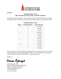 Graduate Summer Terms Rate of Pursuit and Training Time for GI Bill Certification For GI Bill certification purposes, University of the Incarnate Word (UIW) graduate students’ training time in the summer term