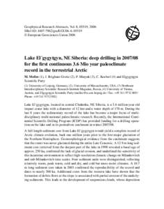 Geophysical Research Abstracts, Vol. 8, 05519, 2006 SRef-ID: gra/EGU06-A-05519 © European Geosciences Union 2006 Lake El´gygytgyn, NE Siberia: deep drilling infor the first continuous 3.6 Mio year pa