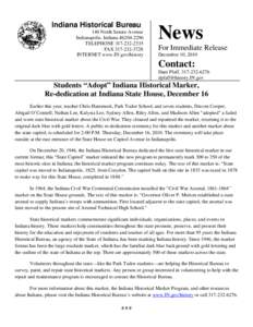Indiana Historical Bureau 140 North Senate Avenue Indianapolis, Indiana[removed]TELEPHONE[removed]FAX[removed]INTERNET www.IN.gov/history