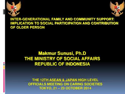 INTER-GENERATIONAL FAMILY AND COMMUNITY SUPPORT: IMPLICATION TO SOCIAL PARTICIPATION AND CONTRIBUTION OF OLDER PERSON Makmur Sunusi, Ph.D THE MINISTRY OF SOCIAL AFFAIRS