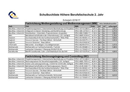 Schulbuchliste Höhere Berufsfachschule 2. Jahr SchuljahrFachrichtung Mediengestaltung und Medienmanagement (MM) Fach Berufbez.	Unterricht