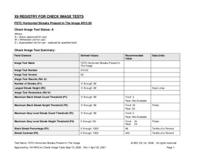 X9 REGISTRY FOR CHECK IMAGE TESTS FSTC Horizontal Streaks Present In The Image #Check Image Test Status: A Where: A = Active (approved for use) W = Withdrawn (not for use)