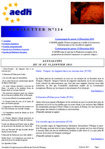 NEWSLETTER N°134 Communiqué de presse: 13 Décembre 2010 • Actualités  L’AEDH appelle l’Union européenne à ratifier la Convention