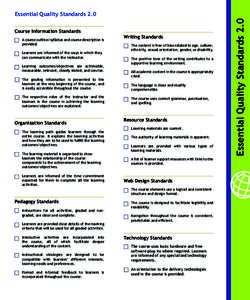 Course Information Standards A course outline/syllabus and course description is provided. Learners are informed of the ways in which they can communicate with the instructor. Learning outcomes/objectives are achievable,