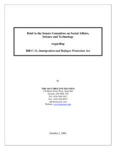 Brief to the Senate Committee on Social Affairs, Science and Technology regarding Bill C-11, Immigration and Refugee Protection Act  By