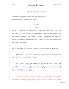 2013 General Session - Introduced Version - SF0004 - Livestock disease reporting and liability.