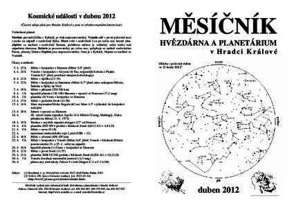 Kosmické události v dubnu 2012 (Časové údaje platí pro Hradec Králové a jsou ve středoevropském letním čase) Viditelnost planet: Merkur provádí kličku v Rybách, je však nepozorovatelný. Venuše září 