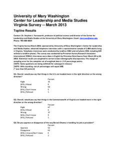 University of Mary Washington Center for Leadership and Media Studies Virginia Survey -- March 2013