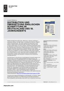 Jennifer Willenberg  DISTRIBUTION UND ÜBERSETZUNG ENGLISCHEN SCHRIFTTUMS IM DEUTSCHLAND DES 18.