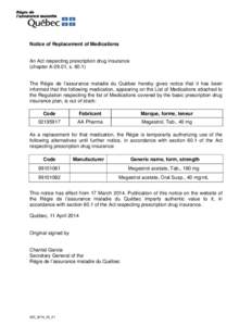 Notice of Replacement of Medications  An Act respecting prescription drug insurance (chapter A-29.01, s[removed]The Régie de l’assurance maladie du Québec hereby gives notice that it has been