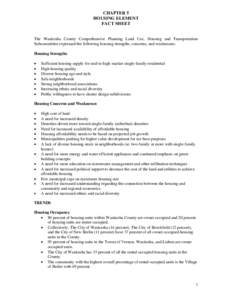 CHAPTER 5 HOUSING ELEMENT FACT SHEET The Waukesha County Comprehensive Planning Land Use, Housing and Transportation Subcommittee expressed the following housing strengths, concerns, and weaknesses.