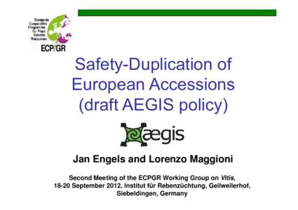 Safety-Duplication of E ropean Accessions European (draft AEGIS policy) Jan Engels and Lorenzo Maggioni Second