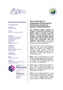 Year 12 and Year 14 Examination Performance at Post-Primary Schools in Northern IrelandStatistical Press Release