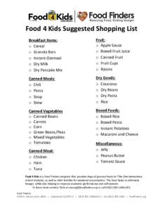 Food 4 Kids Suggested Shopping List Breakfast Items: o Cereal o Granola Bars o Instant Oatmeal o Dry Milk