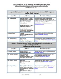 List of Panellists for the 13th Meeting of the United Nations Open-ended Informal Consultative Process on Oceans and the Law of the Sea (29 May to 1 June[removed]Segment 1: Marine renewable energies: types, uses and role i